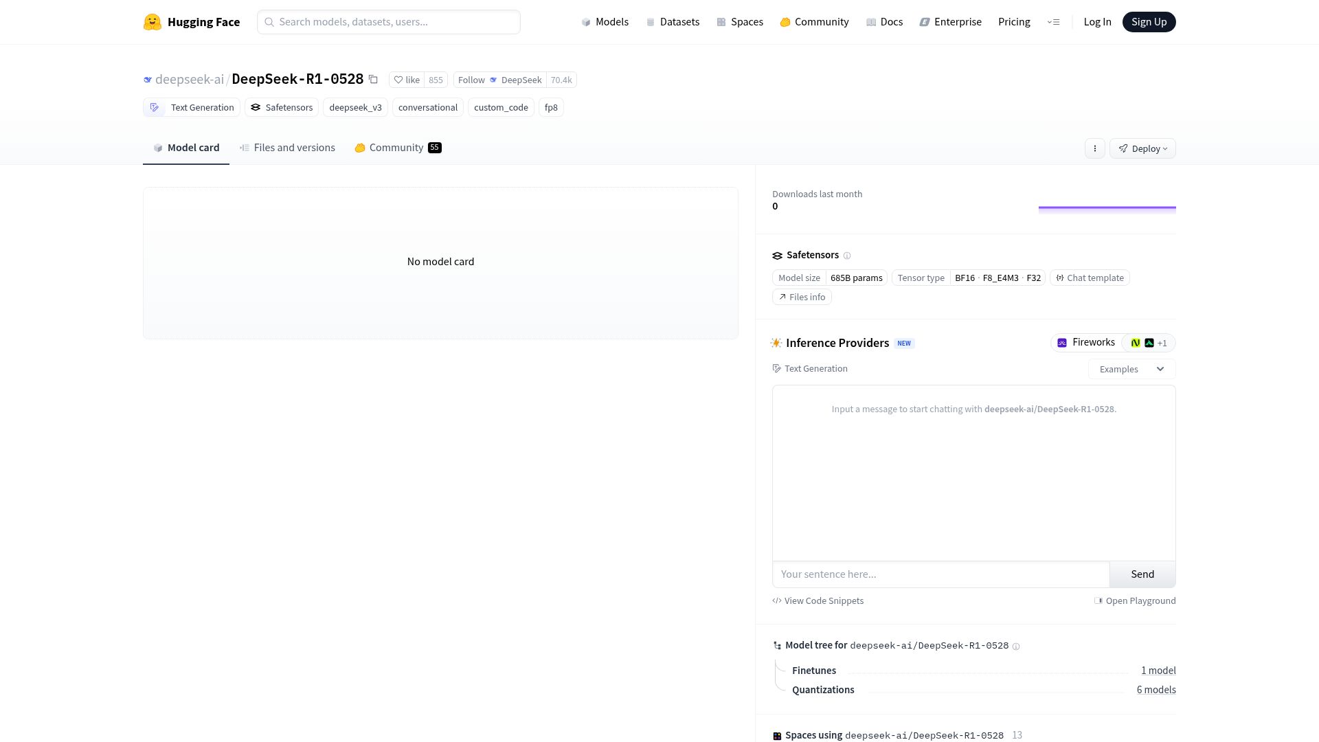 Screenshot of huggingface.co: Deepseek R1-0528