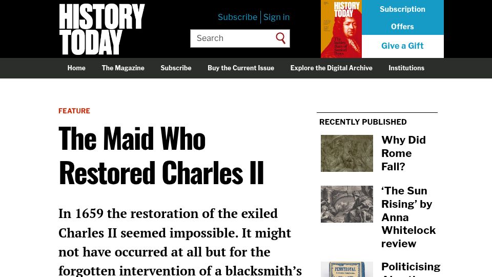 Screenshot of historytoday.com: The Maid Who Restored Charles II