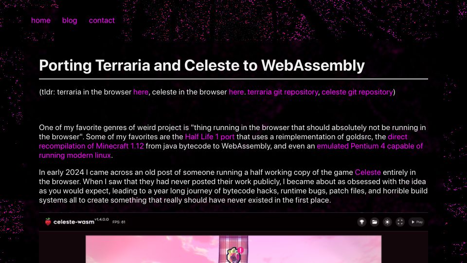 Screenshot of velzie.rip: Show HN: Porting Terraria and Celeste to WebAssembly