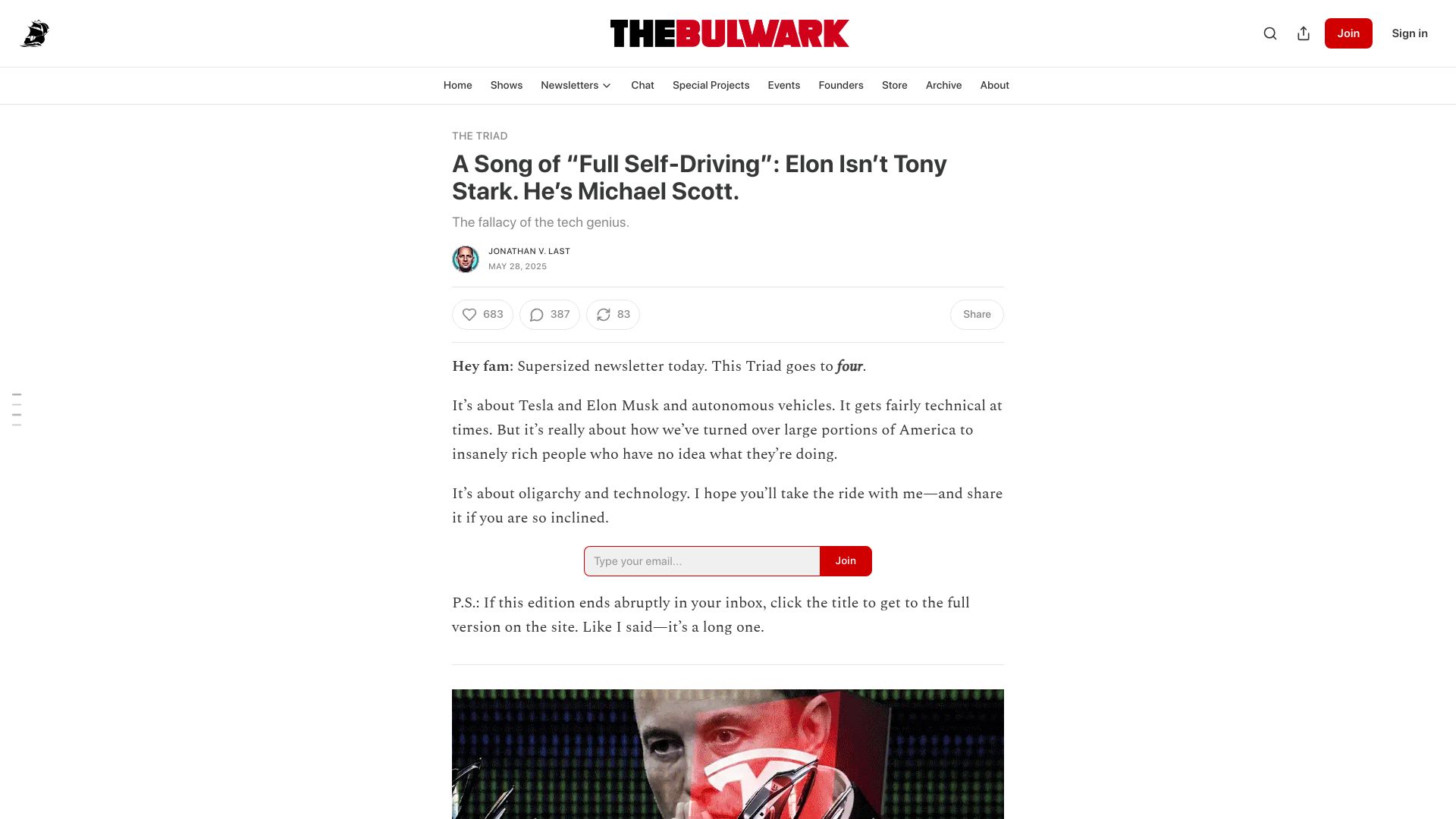 Screenshot of thebulwark.com: A Song of “Full Self-Driving”