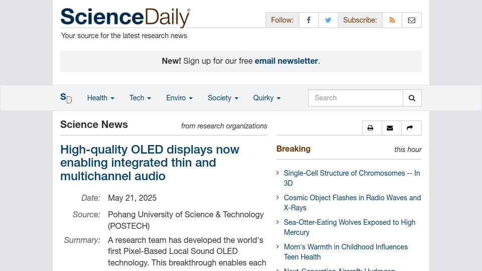 Screenshot of sciencedaily.com: High-quality OLED displays now enabling integrated thin and multichannel audio