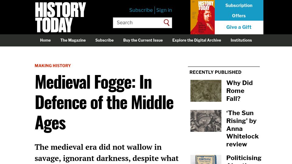 Screenshot of historytoday.com: Medieval Fogge: In Defence of the Middle Ages