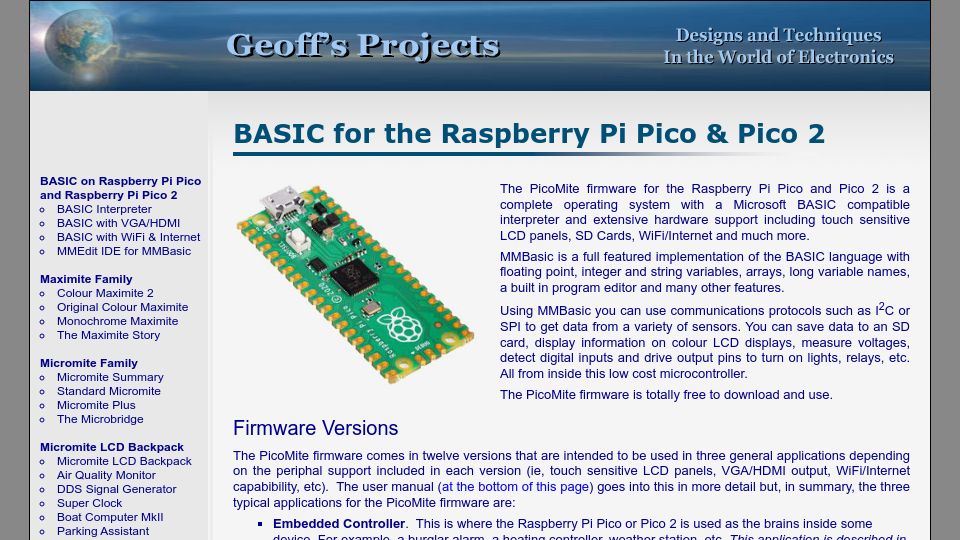 Screenshot of geoffg.net: Basic for the Raspberry Pi Pico and Pico 2