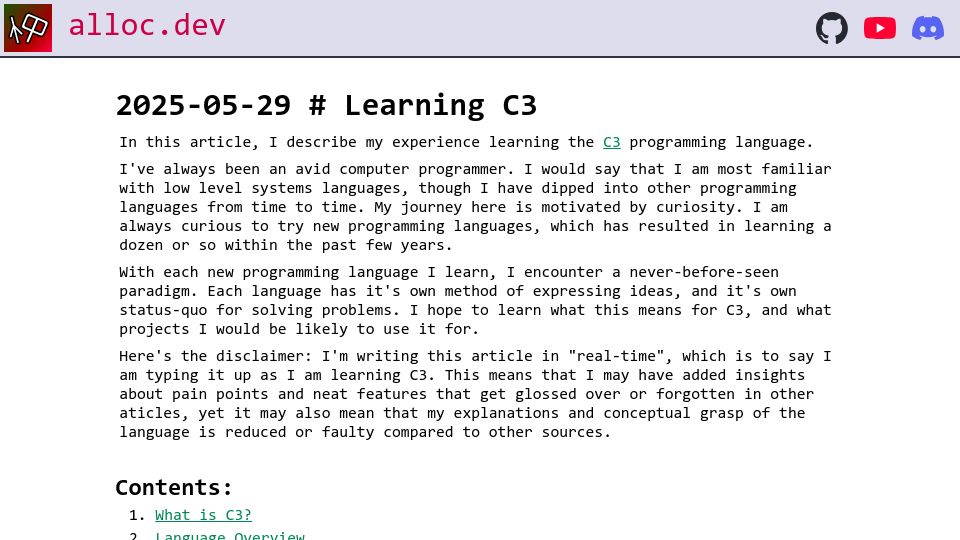 Screenshot of alloc.dev: Learning C3