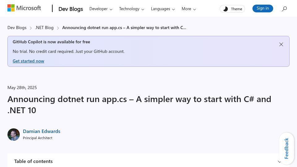 Screenshot of devblogs.microsoft.com: Run a C# file directly using dotnet run app.cs
