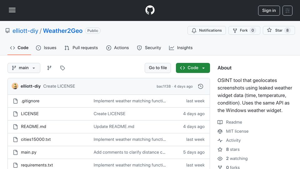 Screenshot of github.com: Show HN: Weather2Geo – Geolocate screenshots from weather widgets