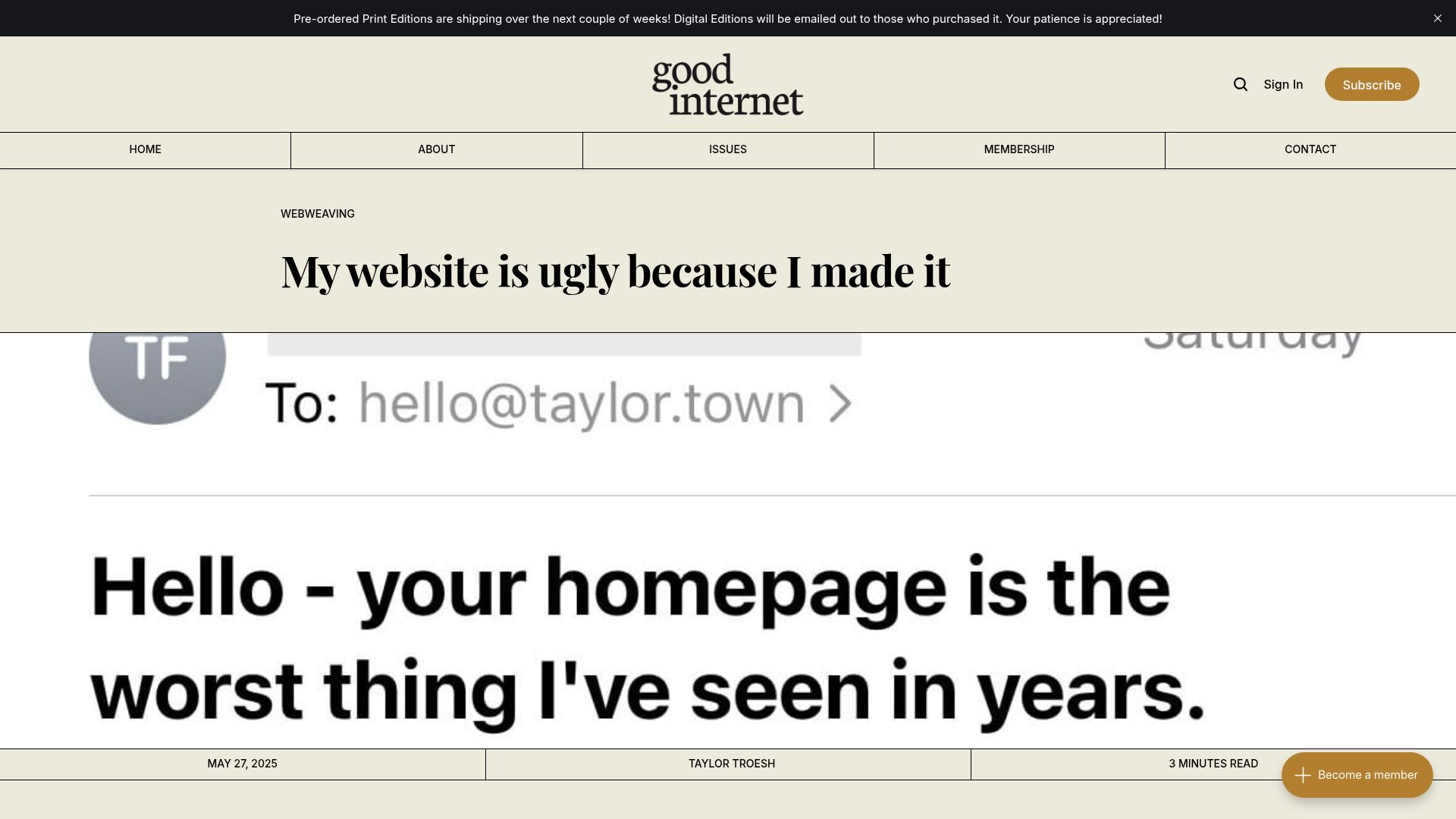 Screenshot of goodinternetmagazine.com: My website is ugly because I made it