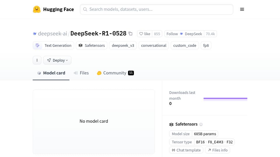 Screenshot of huggingface.co: Deepseek R1-0528
