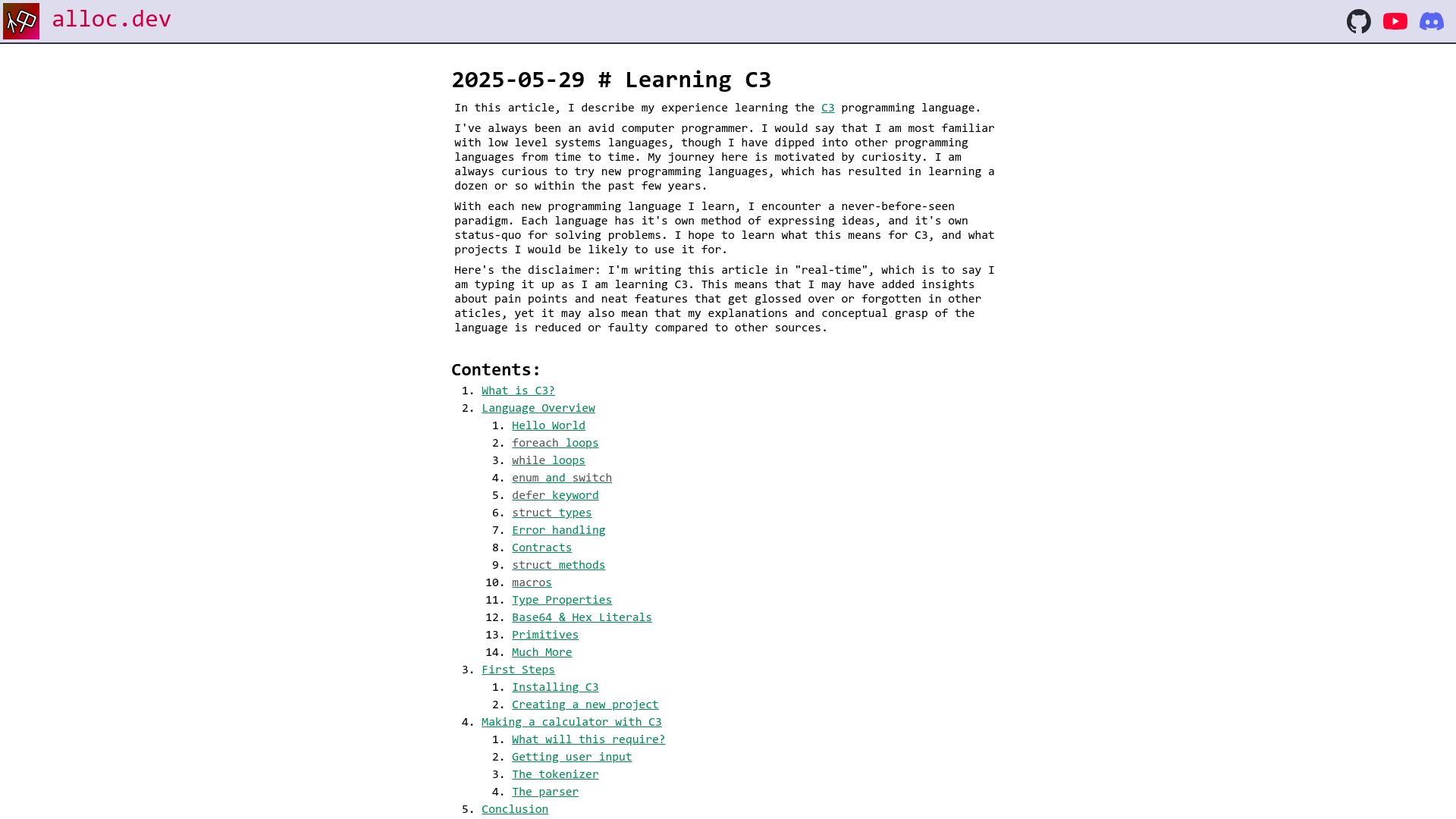 Screenshot of alloc.dev: Learning C3