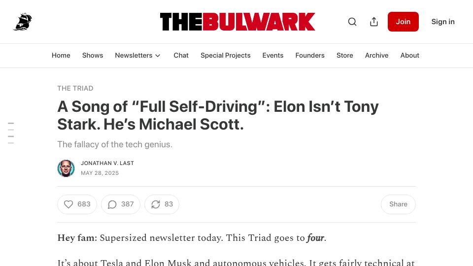 Screenshot of thebulwark.com: A Song of “Full Self-Driving”