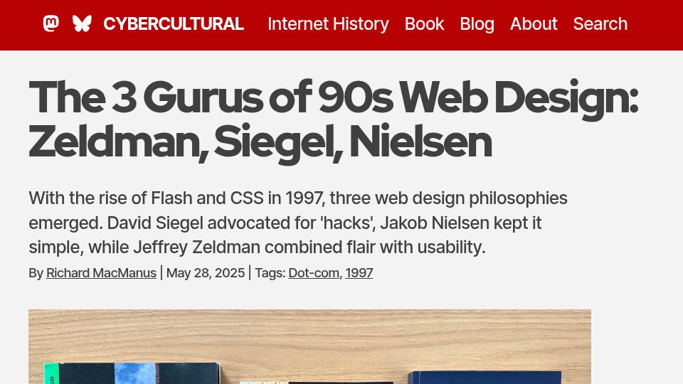 Screenshot of cybercultural.com: Gurus of 90s Web Design: Zeldman, Siegel, Nielsen