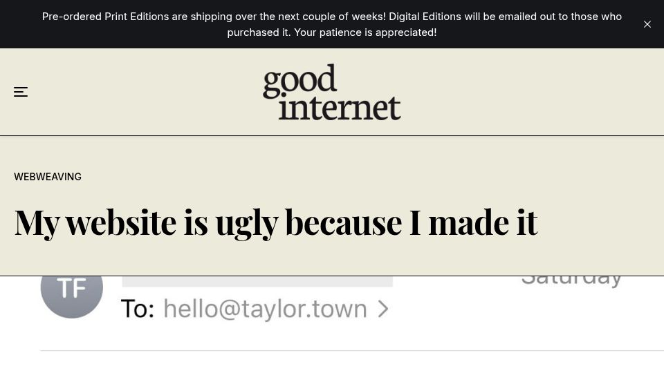 Screenshot of goodinternetmagazine.com: My website is ugly because I made it