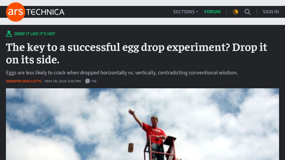 Screenshot of arstechnica.com: The key to a successful egg drop experiment? Drop it on its side