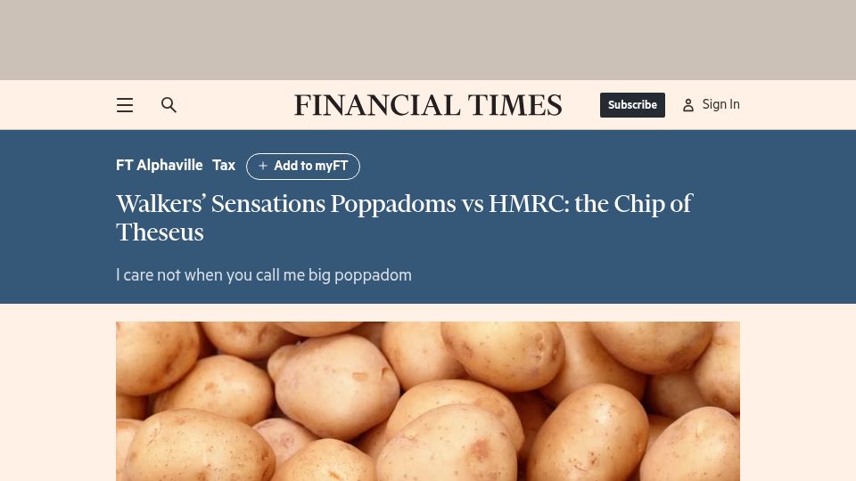 Screenshot of ft.com: Walkers' Sensations Poppadoms vs. HMRC: The Chip of Theseus