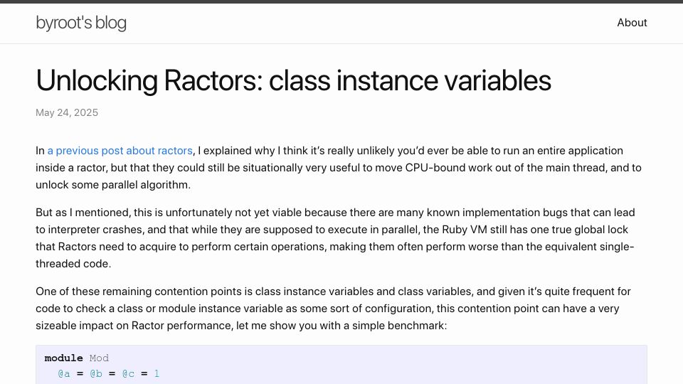 Screenshot of byroot.github.io: Unlocking Ractors: class instance variables in Ruby