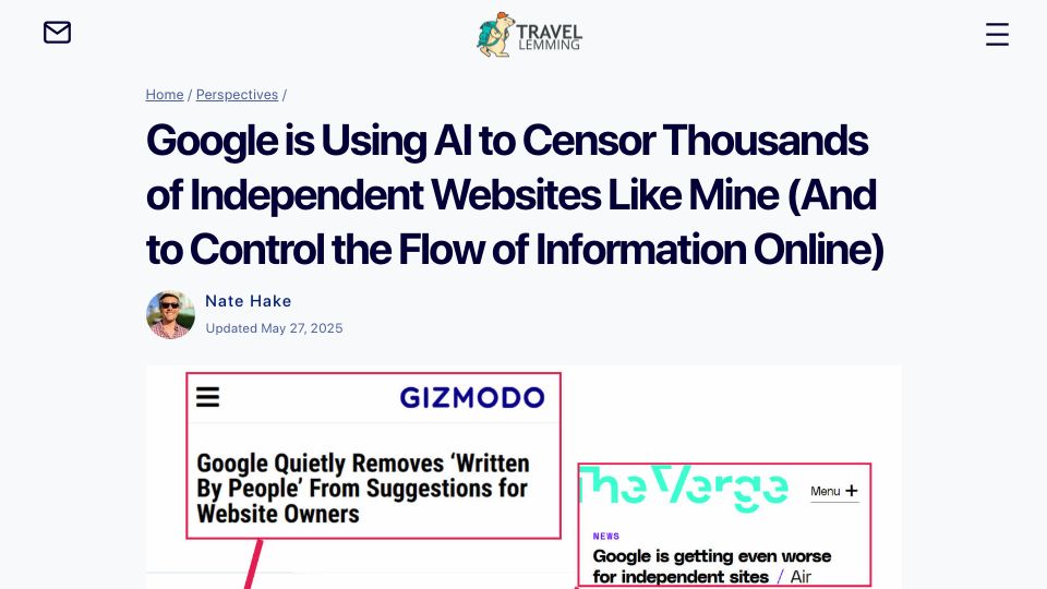 Screenshot of travellemming.com: Google is using AI to censor independent websites like mine