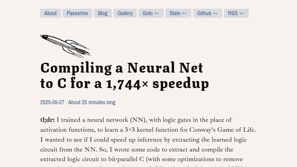 Screenshot of slightknack.dev: Compiling a neural net to C for a speedup