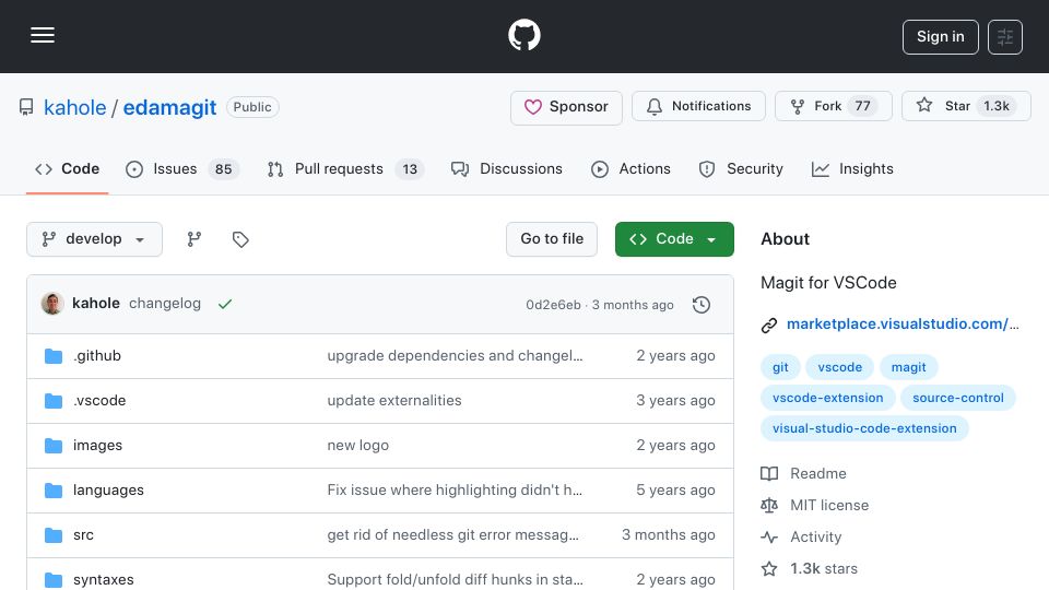 Screenshot of github.com: Edamagit: Magit for VSCode