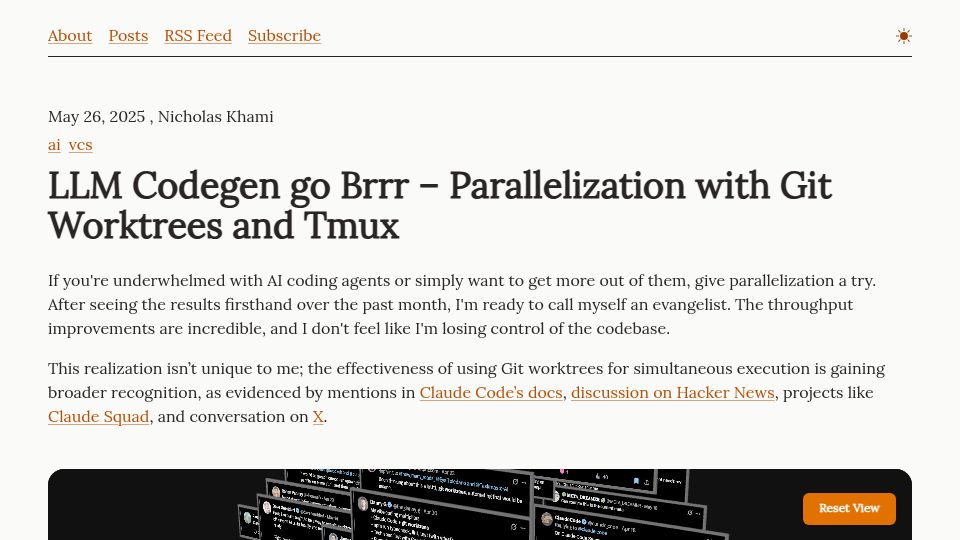 Screenshot of skeptrune.com: LLM codegen go brrr – Parallelization with Git worktrees and tmux