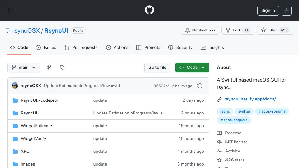 Screenshot of github.com: RSyncUI – A SwiftUI based macOS GUI for rsync