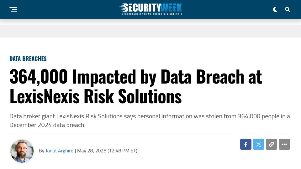 Screenshot of securityweek.com: Data Breach at LexisNexis Risk Solutions