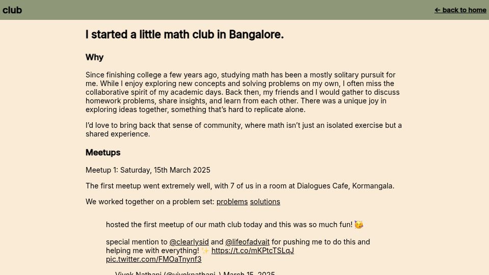 Screenshot of teachyourselfmath.app: I started a little math club in Bangalore