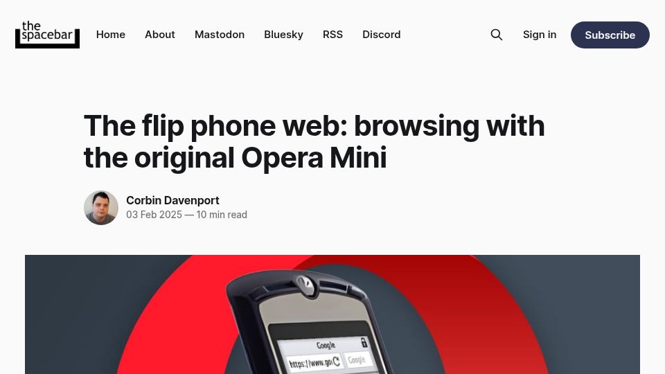 Screenshot of spacebar.news: The flip phone web: browsing with the original Opera Mini