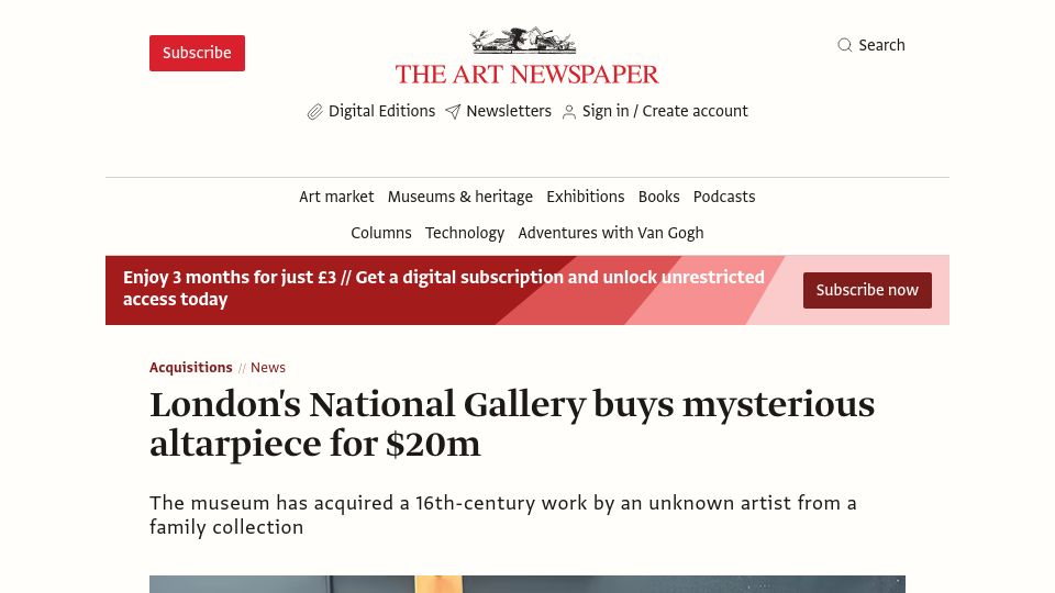Screenshot of theartnewspaper.com: London's National Gallery buys mysterious altarpiece for $20m
