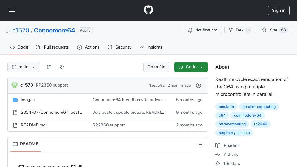 Screenshot of github.com: Connomore64: Cycle exact emulation of the C64 using parallel microcontrollers