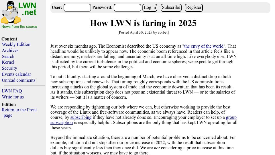 Screenshot of lwn.net: How LWN is faring in 2025