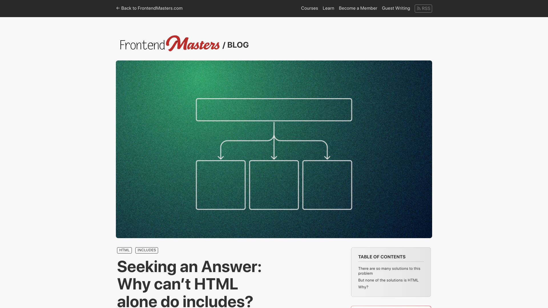 Screenshot of frontendmasters.com: Why can't HTML alone do includes?