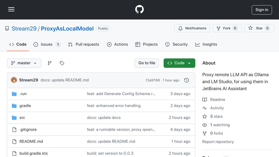 Screenshot of github.com: Show HN: Use Third Party LLM API in JetBrains AI Assistant