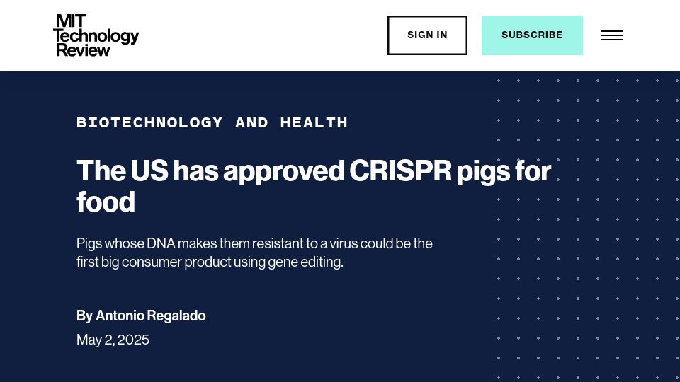 Screenshot of technologyreview.com: The US has approved CRISPR pigs for food