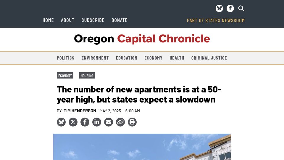 Screenshot of oregoncapitalchronicle.com: The number of new apartments is at a 50-year high, but states expect a slowdown