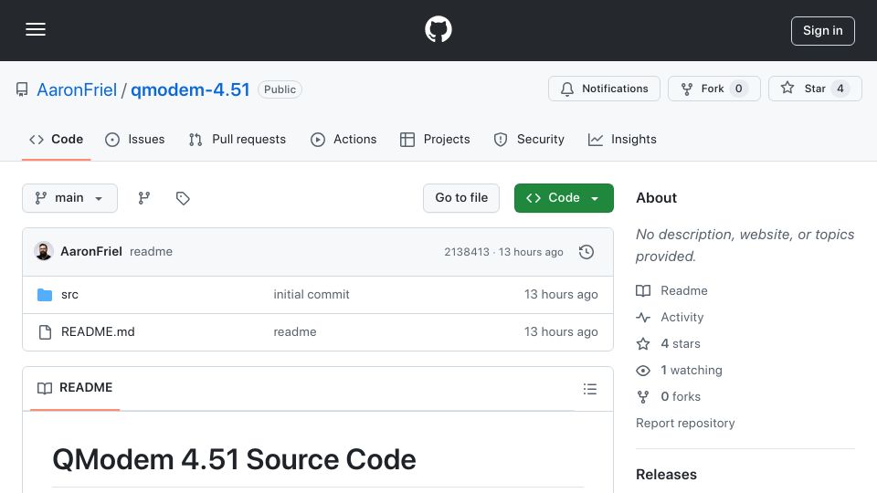 Screenshot of github.com: QModem 4.51 Source Code