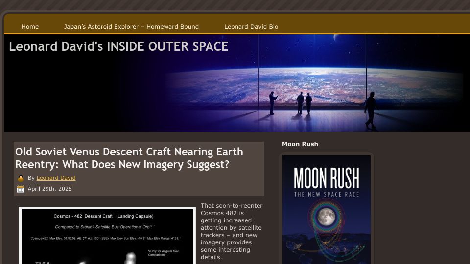 Screenshot of leonarddavid.com: Old Soviet Venus descent craft nearing Earth reentry
