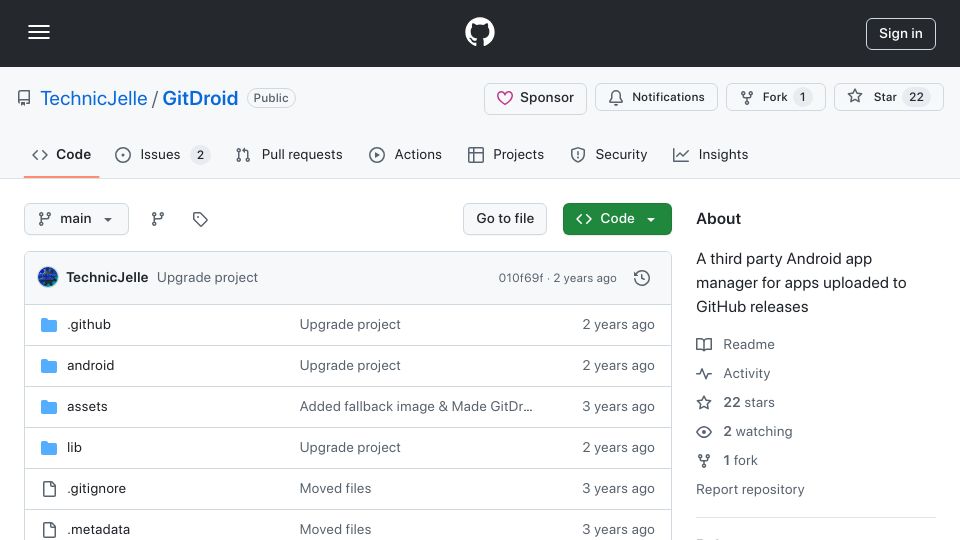 Screenshot of github.com: GitDroid: A third party Android app manager for apps uploaded to GitHub releases