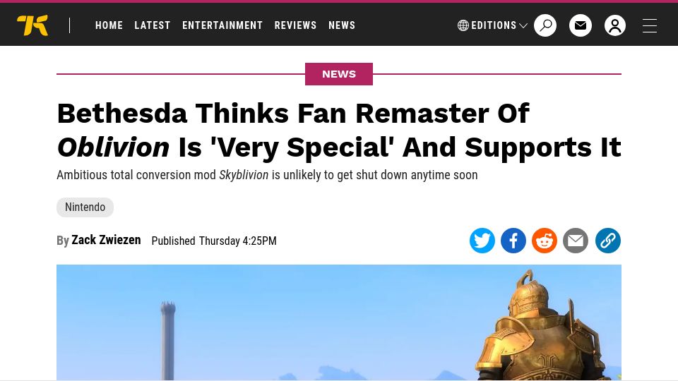 Screenshot of kotaku.com: Bethesda Thinks Fan Remaster of Oblivion Is 'Very Special' and Supports It