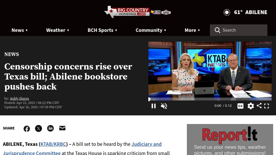 Screenshot of bigcountryhomepage.com: Censorship concerns rise over Texas book bill; Abilene bookstore pushes back
