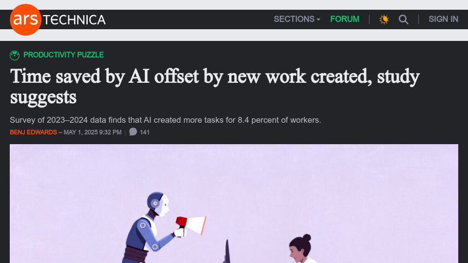 Screenshot of arstechnica.com: Time saved by AI offset by new work created, study suggests