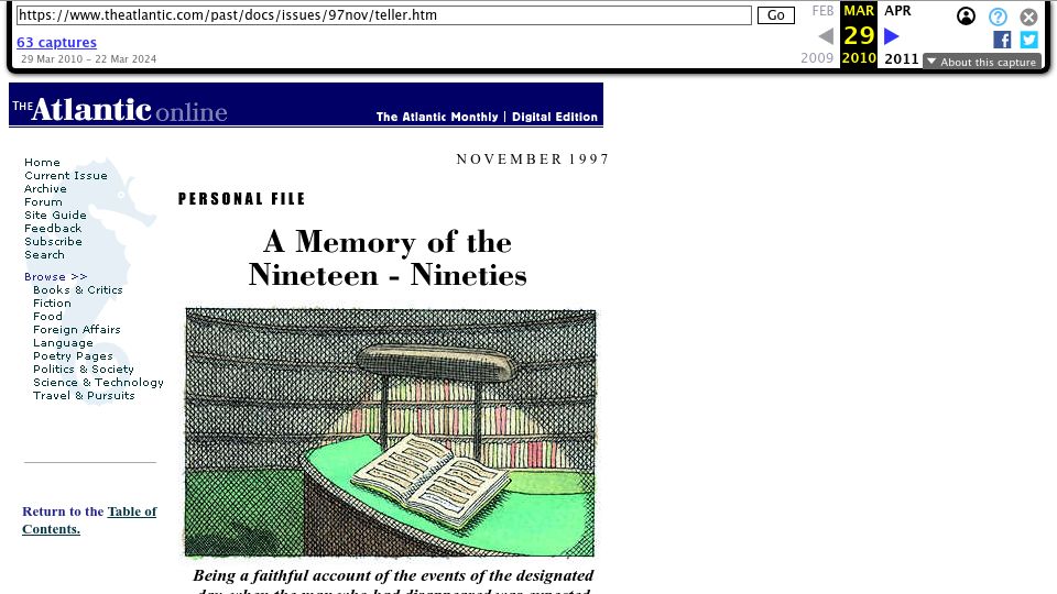Screenshot of web.archive.org: A memory of the nineteen nineties (1997)