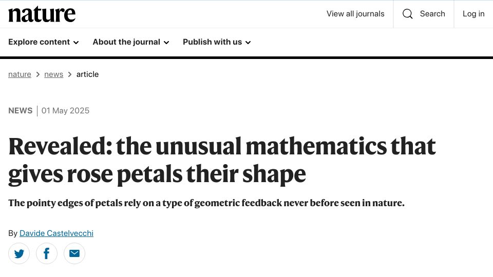 Screenshot of nature.com: The unusual mathematics that gives rose petals their shape