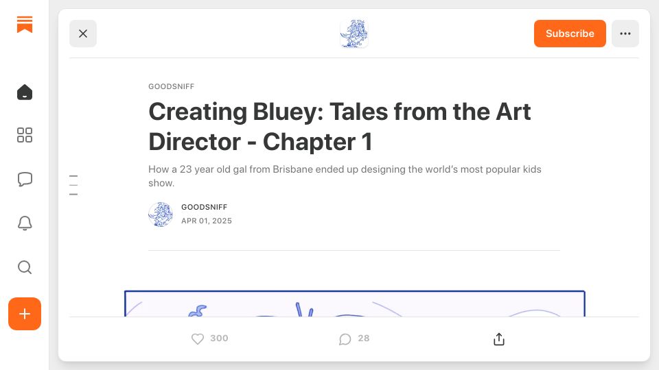 Screenshot of substack.com: Creating Bluey: Tales from the Art Director