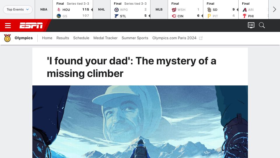 Screenshot of espn.com: 'I found your dad': The mystery of a missing climber