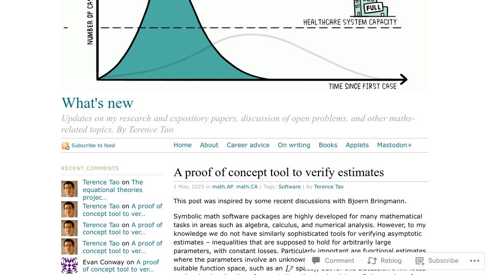 Screenshot of terrytao.wordpress.com: A proof of concept tool to verify estimates