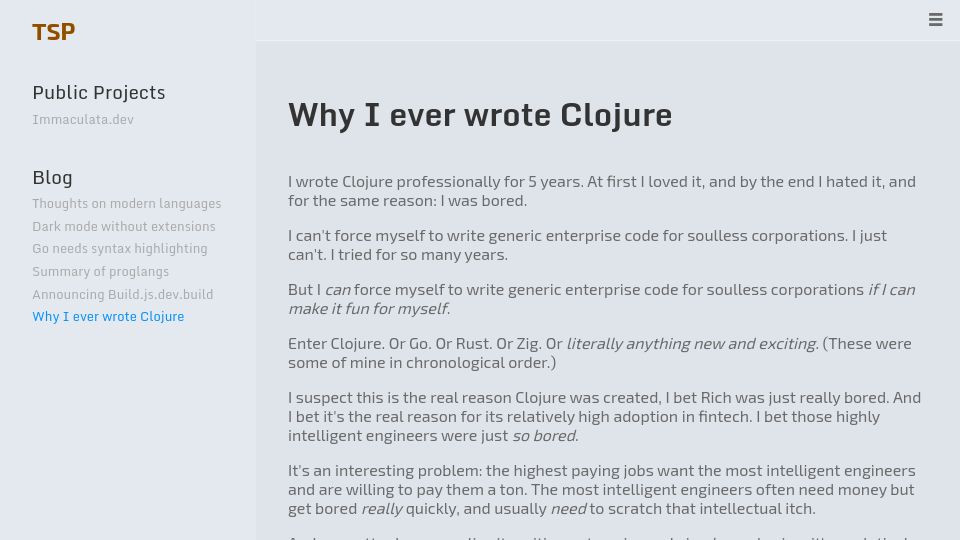Screenshot of thesoftwarephilosopher.com: Why I ever wrote Clojure
