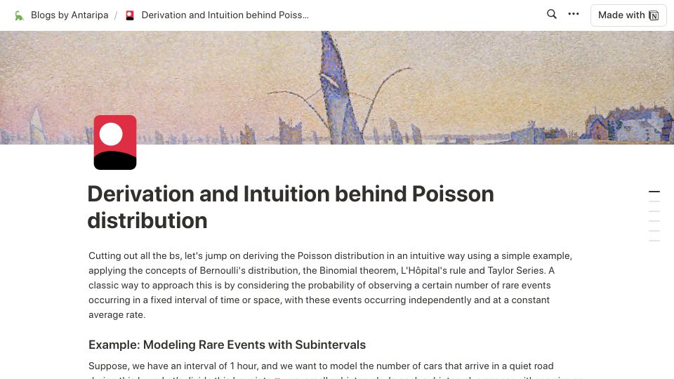 Screenshot of antaripasaha.notion.site: Derivation and Intuition behind Poisson distribution