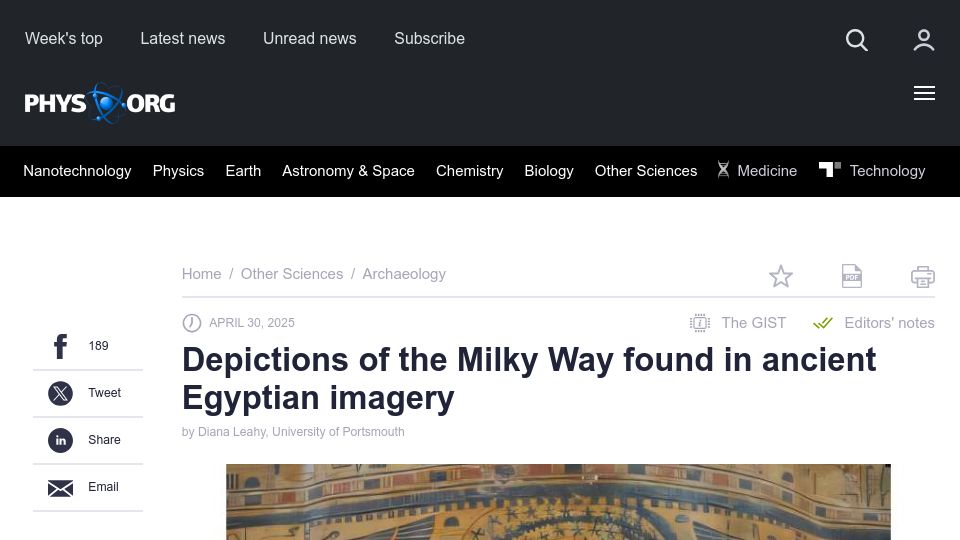 Screenshot of phys.org: Depictions of the Milky Way found in ancient Egyptian imagery