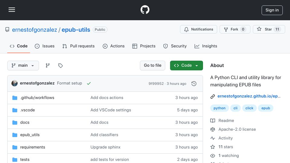 Screenshot of github.com: ePub-utils: A Python library and CLI tool for inspecting ePub from the terminal