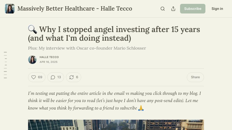 Screenshot of halletecco.substack.com: Why I stopped angel investing after 15 years, and what I'm doing instead